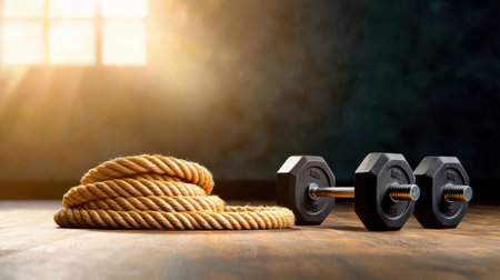 A battle rope coiled on the floor next to a set of heavy-duty dumbbells.の素材