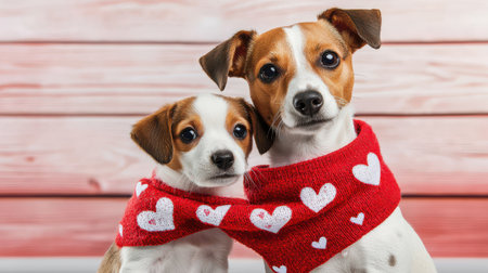 A dog and puppy duo sharing a Valentine's Day-themed scarf.の素材