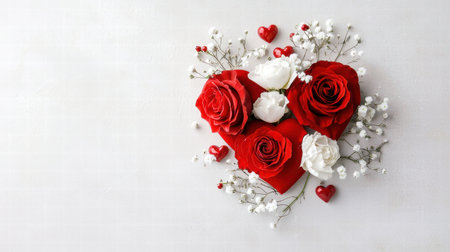Valentine's Day flowers in a romantic heart-shaped arrangement with roses and baby's breathの素材