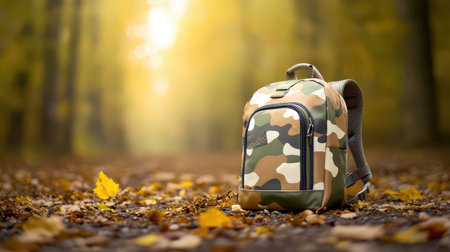 A camouflage backpack lying on the ground in a forest, with the pattern blending into the natural surroundings.の素材