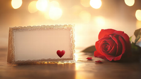 Vintage-style Valentines Day card with a lace border, placed on a table with a red rose and a soft, romantic lightの素材