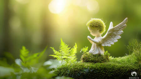 A classical angel statue with moss-covered details in a tranquil garden setting.の素材