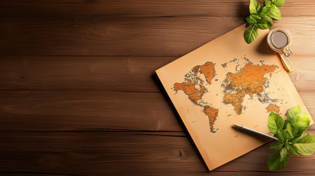 An antique world map displayed on a wooden table, showing geographical details and vintage cartography.の素材