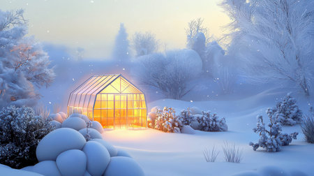 A winter greenhouse glowing with warm light amidst a snowy garden landscape.の素材