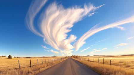 A blue sky with wispy clouds stretching across the horizon, perfect for a peaceful background.の素材