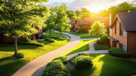 A suburban apartment complex surrounded by lush greenery and walking paths.の素材