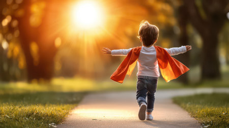 A child in a superhero costume running down a path, arms outstretched, imagining a world of adventure.の素材