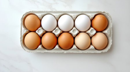 A carton of brown and white eggs neatly arranged under soft natural light.の素材