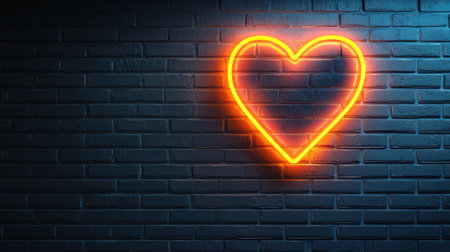 A glowing neon heart sign hanging on a brick wall.の素材