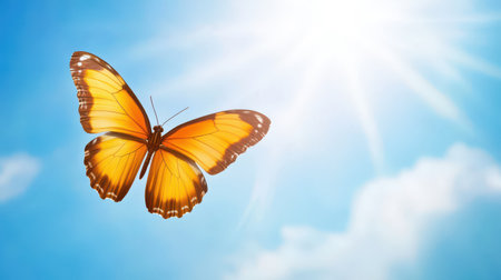 A butterfly flying against a bright blue sky, surrounded by soft white clouds and sunlight.の素材