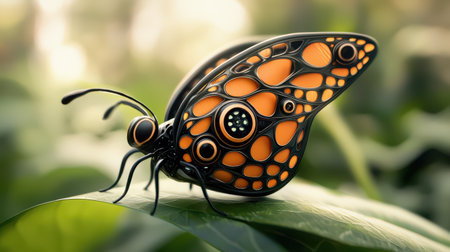 A close-up of a butterfly with intricate patterns on its wings, resting on a green leaf.の素材