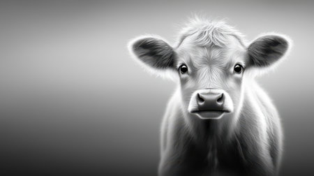 A close-up of a cow with soft fur and a calm expression, symbolizing the peaceful nature of farm animals.の素材