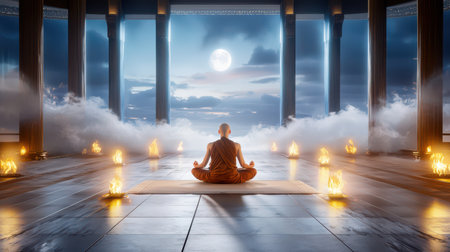 A Buddhist monk meditating in a quiet, serene temple, surrounded by incense smoke and candles.の素材