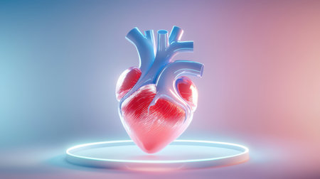 A 3D rendering of a human heart model, glowing in red and blue tones.の素材