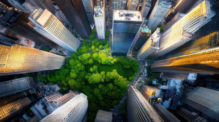 An aerial shot of modern skyscrapers in the heart of a busy city, with green parks in between.の素材
