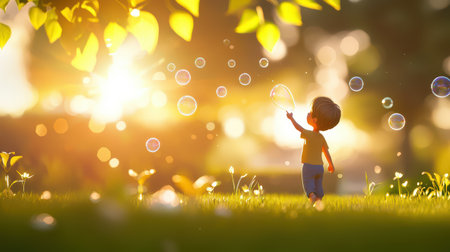 A child blowing bubbles in the backyard on a warm afternoon, surrounded by greenery and sunlight.の素材