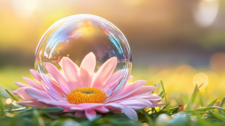 A close-up of a bubble resting on a flower petal, reflecting light and surrounding nature.の素材