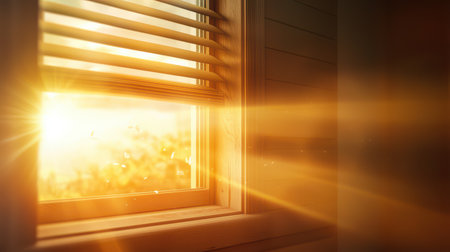 A close-up of a window with closed blinds, with sunlight streaming through the cracks for a serene mood.の素材