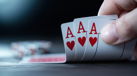 A close-up of a poker player's hand holding a royal flush, with a winning smile.の素材