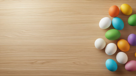 A creative flat lay of colorful painted Easter eggs on a wooden background.の素材