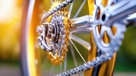 A close-up of bike gears and chains, highlighting the details of a well-maintained cycle.の素材