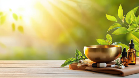 A harmonious blend of alternative medicine tools: a singing bowl, essential oils, and medicinal herbs.の素材