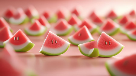 A collection of freshly cut watermelon slices arranged in a playful pattern.の素材