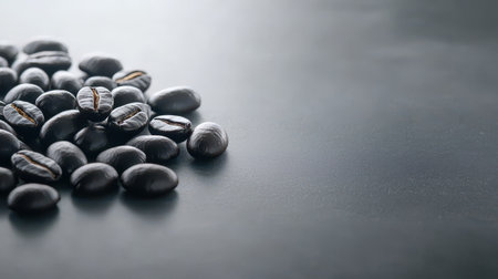 A close-up of dark roasted coffee beans arranged neatly on a flat surface, with some scattered beside them.の素材