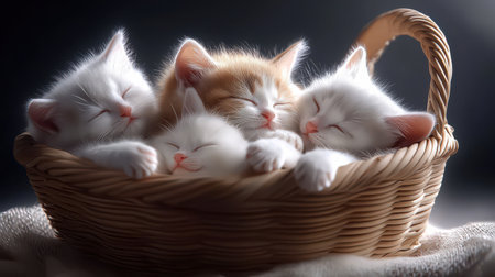 A group of kittens huddling together in a basket, creating an adorable and heartwarming scene.の素材