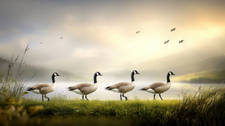 A group of geese walking along a grassy riverbank on a cloudy day.の素材
