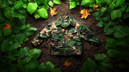 A detailed camouflaged jacket laid flat on the ground, blending into a forest environment.の素材