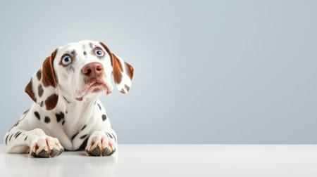 A Dalmatian lying down on a clean white floor, looking up with curious eyes.の素材