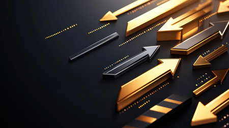 A collection of sleek metallic arrows pointing in different directions on a dark background.の素材