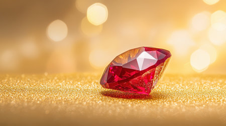 A macro shot of a faceted ruby reflecting deep red hues against a golden background.の素材
