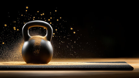 A kettlebell placed on a mat with chalk dust scattered around.の素材