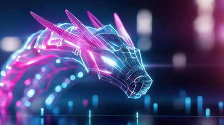 A futuristic cyber dragon composed of neon lights and sharp geometric forms.の素材
