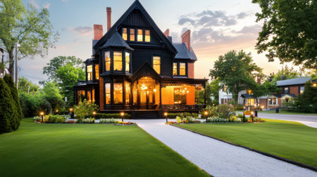 A grand Victorian-era mansion with intricate detailing and large windows.の素材