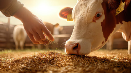 A farmer feeding cows in a barn, showing the bond between the animals and those who care for them.の素材