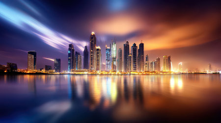 A dramatic view of skyscrapers at night, with the city lights shining brightly in a dark sky.の素材