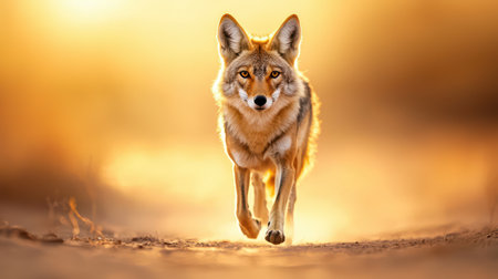 A coyote trotting through an arid desert landscape with golden tones.の素材