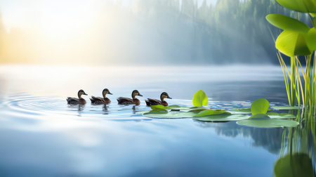 A flock of ducks swimming in a calm pond surrounded by reeds and lily pads.の素材