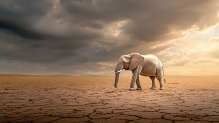 A lone elephant walking across a dry African plain with a dramatic cloudy sky in the background.の素材