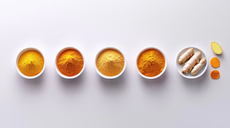 A detailed shot of fresh turmeric and ginger roots alongside powder in small bowls for a natural healing concept.の素材