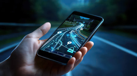 A hand holding a smartphone with a navigation app open, showing real-time directions.の素材
