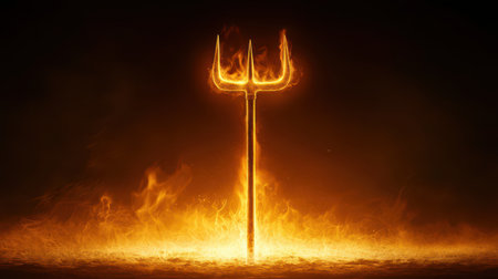 A devil's pitchfork standing upright in a fiery inferno, with flames crackling around it.の素材