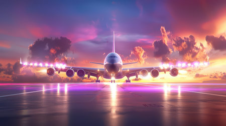 A dramatic shot of a jetliner landing at dusk with its lights glowing and a colorful sky.の素材