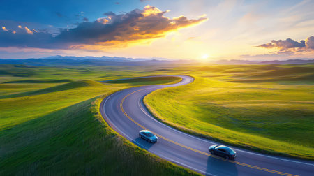 A group of cars on a scenic drive through the countryside, with beautiful landscapes and a winding road.の素材