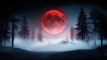 A dark forest under a blood-red moon, with eerie shadows creeping through the mist.の素材
