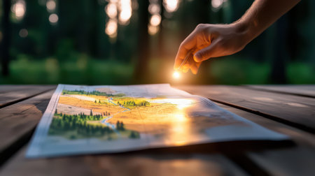 A person checking a physical map, planning their navigation for an outdoor adventure.の素材