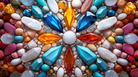 A kaleidoscopic arrangement of gemstones creating a vibrant mosaic pattern.の素材